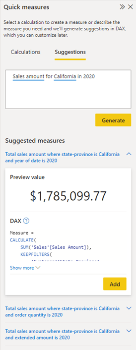 DAX generation using Quick Measure - business intelligence dashboards